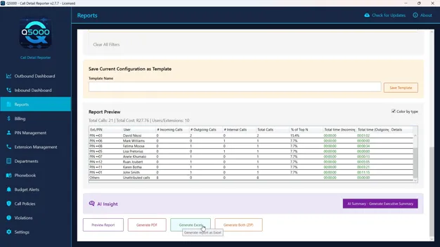 Q5000 report preview with one-click PDF, Excel and combined ZIP export plus an AI executive summary