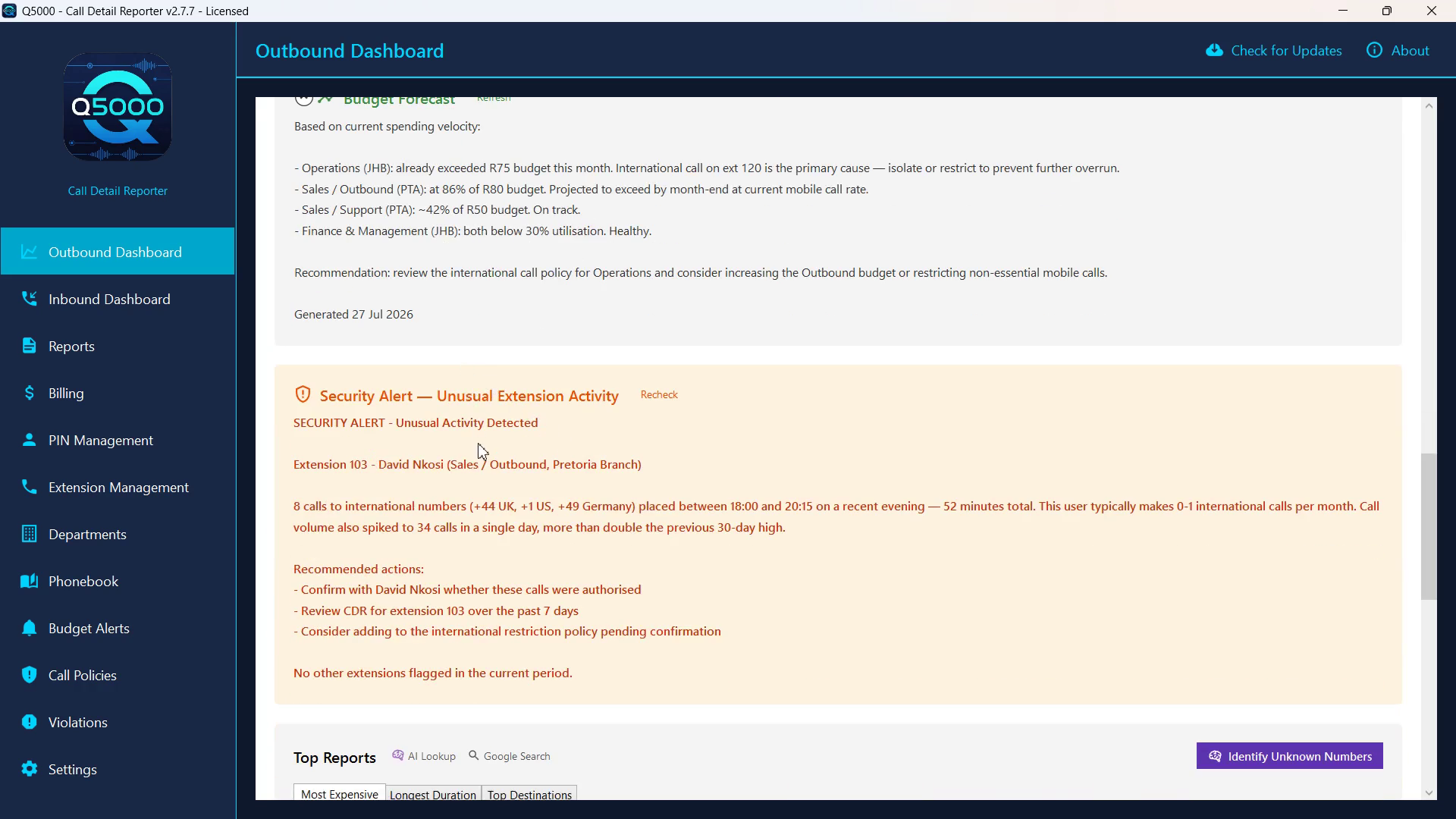 Q5000 AI security alert flagging a burst of after-hours international calls from one extension, with recommended actions